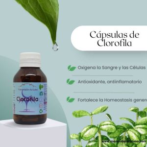 Clorofila cap Frasco. Vidrio. Ámbar. 
60cáp. 0.462mg