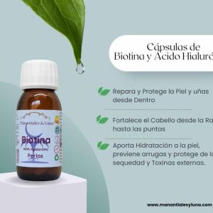 Biotin perlas. Frasco. Vidrio. Ámbar. 
30 Perlas. 10.000 mcg de Biotina + 25mg de Acido Hialurónico